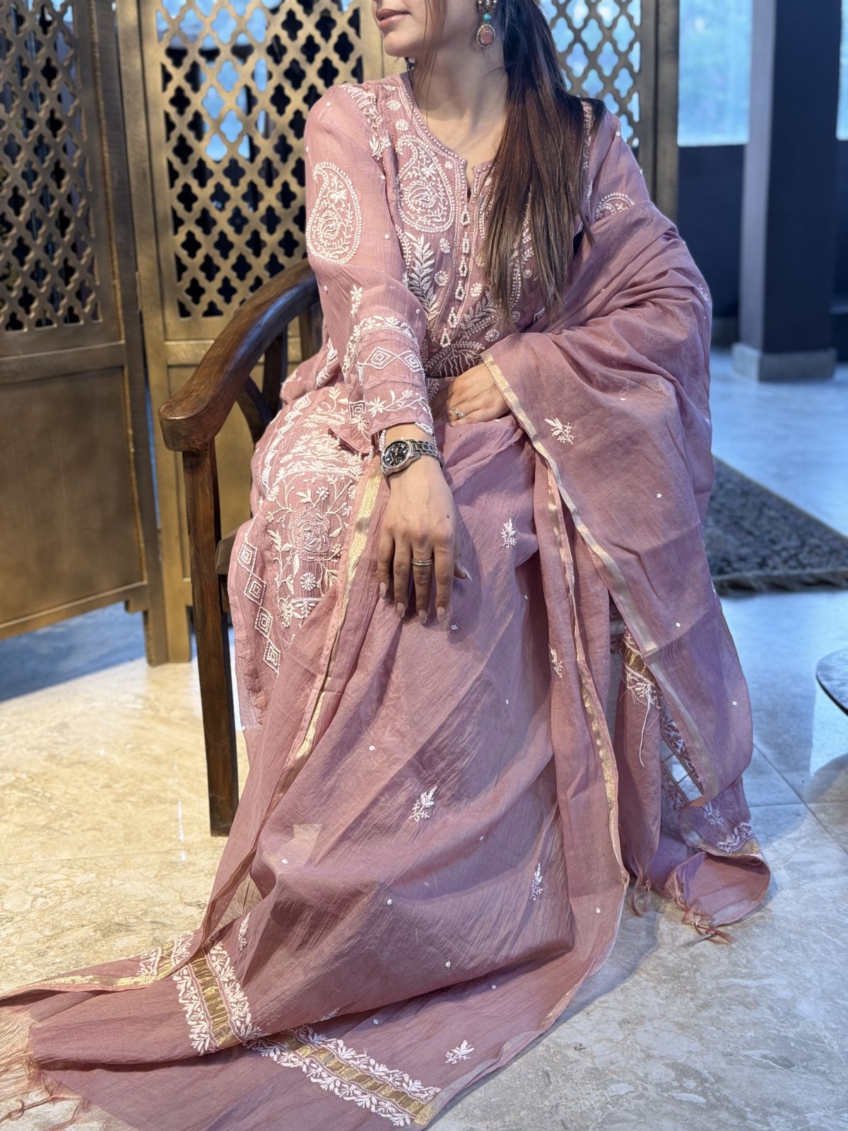 Elegant Dusty Pink Chikankari Kurta Set with Dupatta