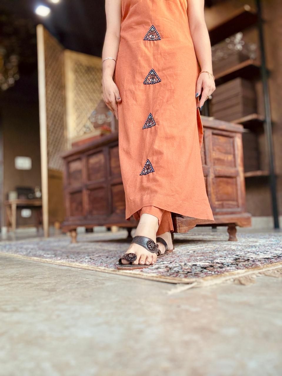 NAZAR - Rust Orange Khadi Evil Eye Kurti with Pant Set